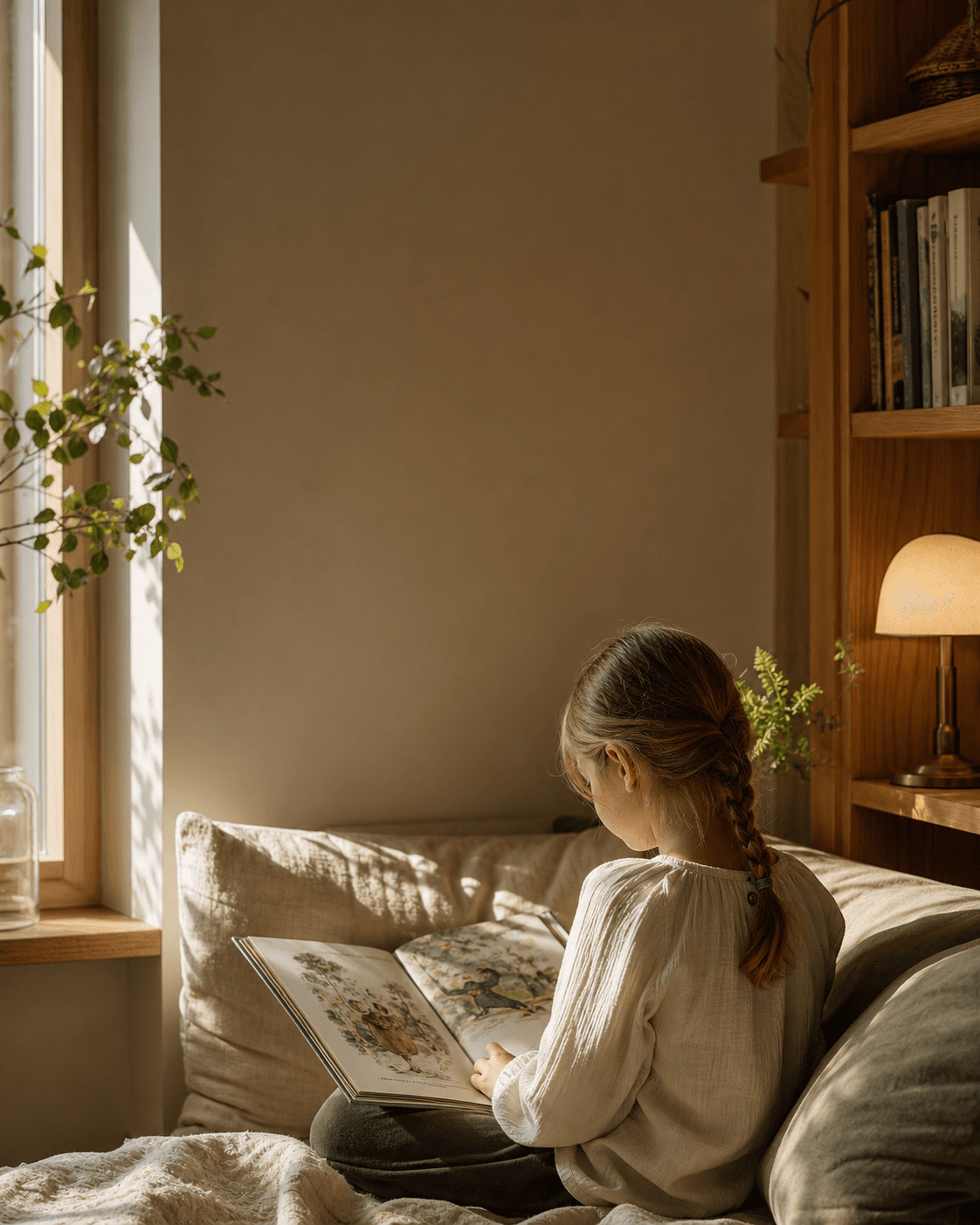 A child reading a storybook in a warm reading nook