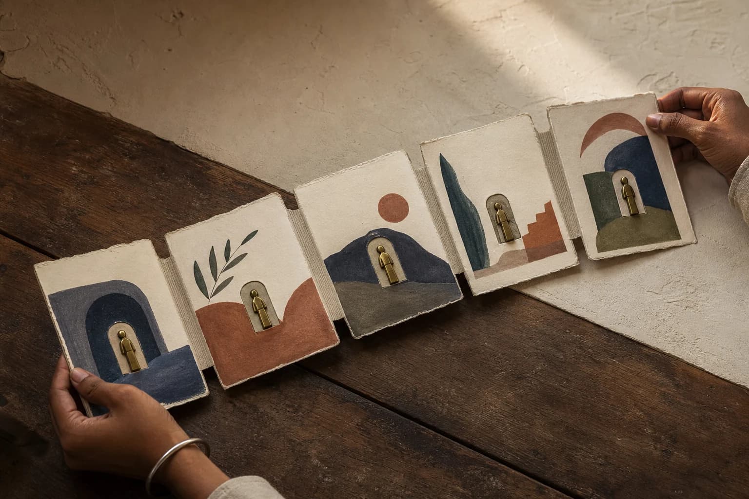 Hands aligning a five-panel paper accordion in which the same brass figure appears through different painted scenes