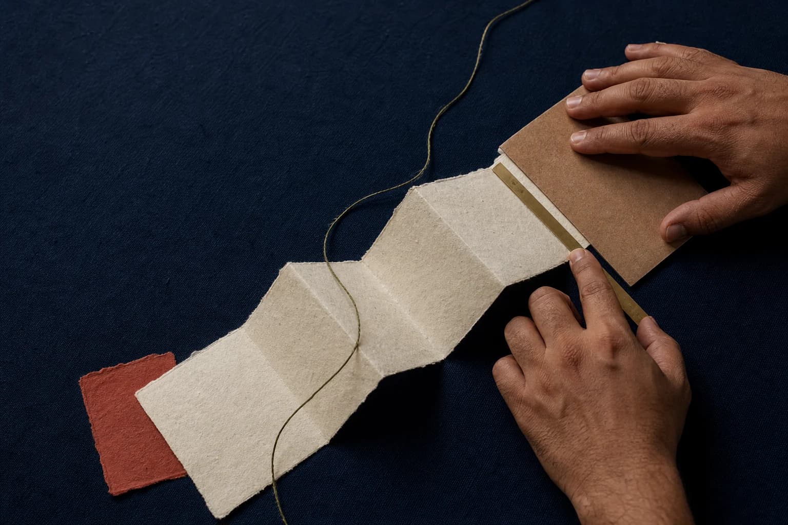 Hands inspect the final junction of a folded paper route on deep indigo cloth