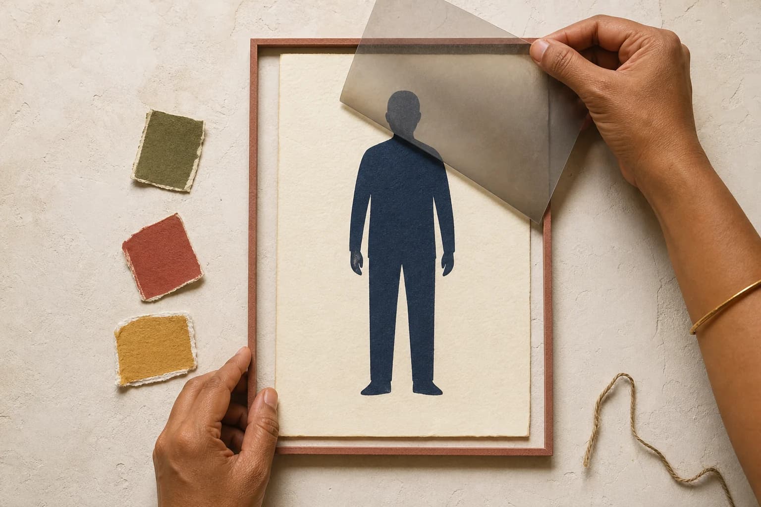 Hands lift a translucent sheet away from a single indigo paper figure inside a clay-coloured frame