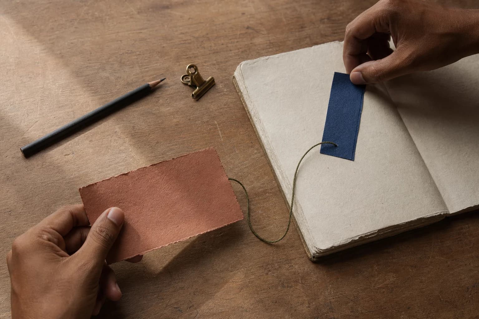Two hands connect a blank clay paper card to an open notebook with indigo paper and olive thread