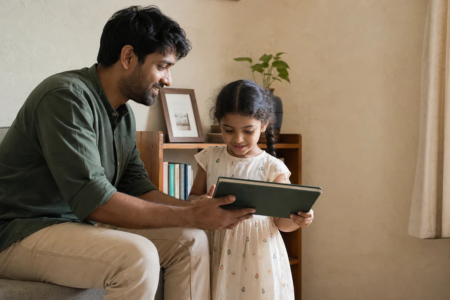 A father hands a landscape storybook to his daughter as she looks down at it.