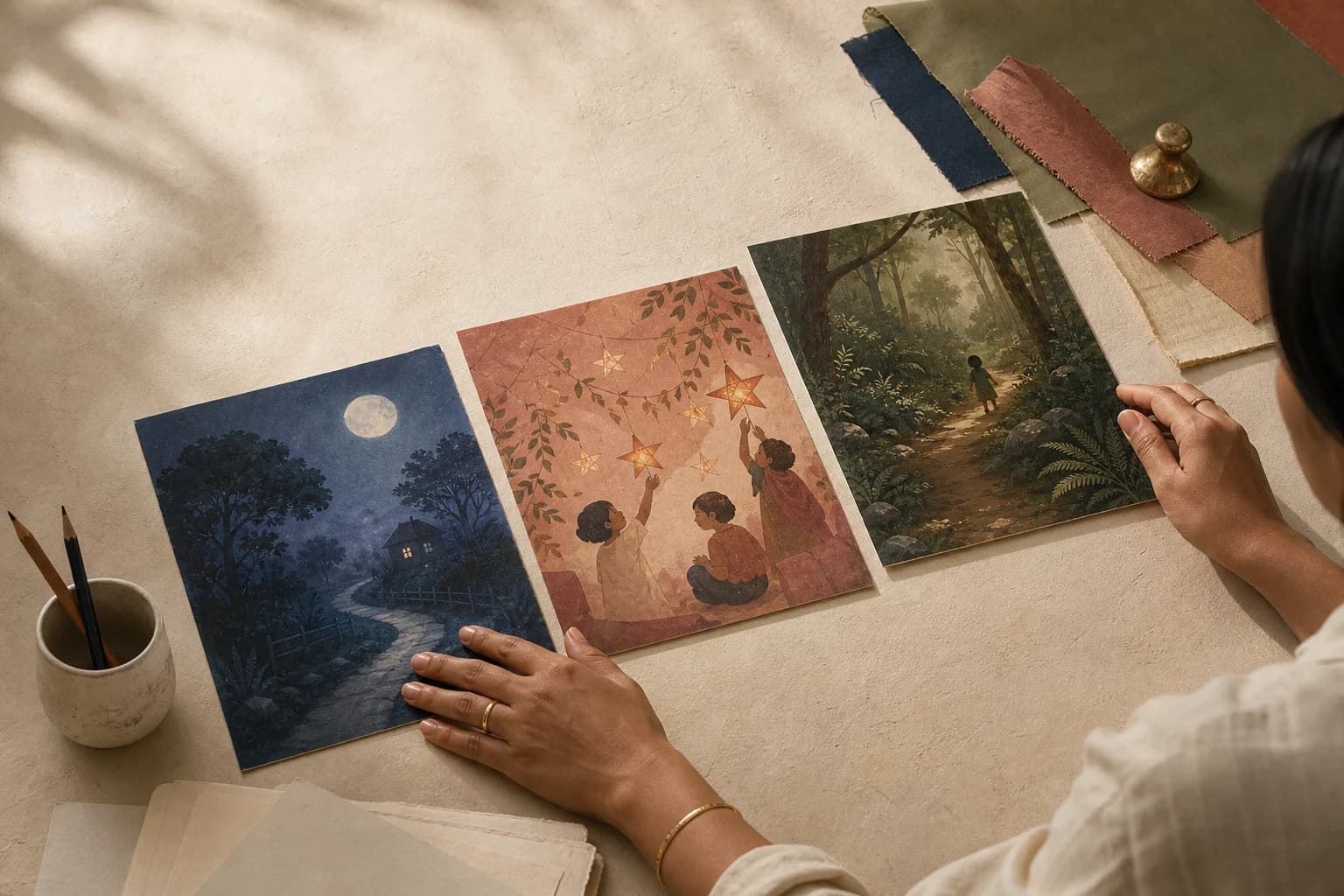 An adult compares three text-free illustrated story preview cards on a paper-covered table.