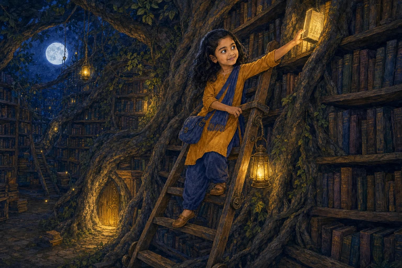 The same illustrated child reaching from a library ladder towards a glowing book