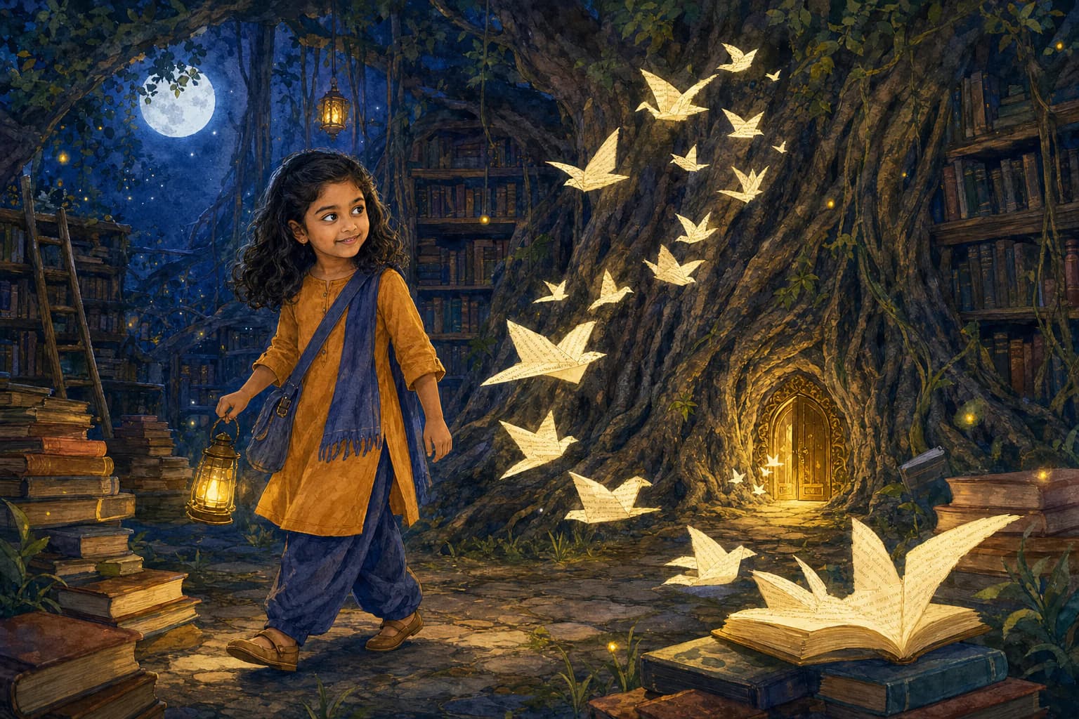 The example child carrying a lantern past glowing paper birds in a moonlit tree library