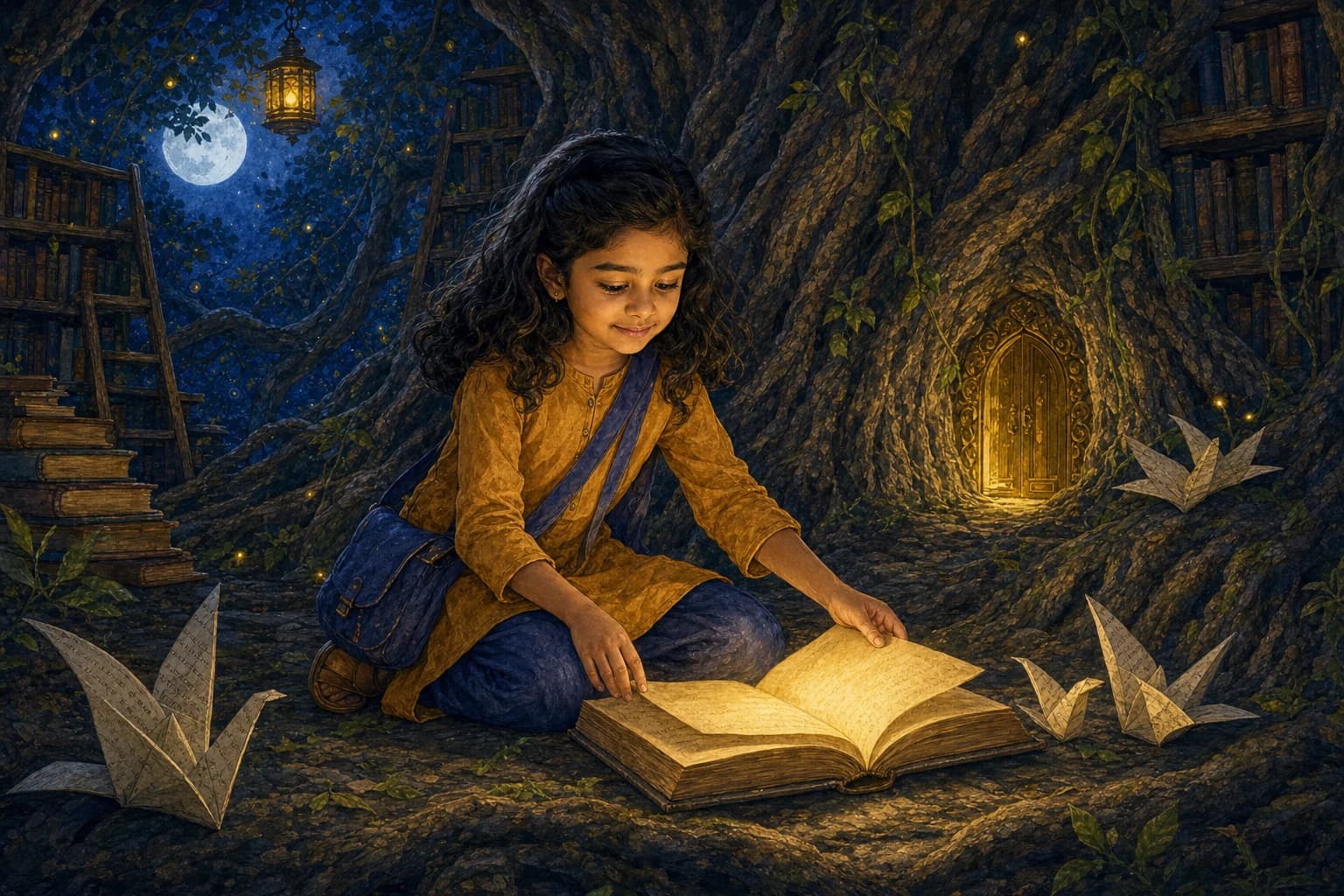 The same illustrated child reading a glowing book beneath the library tree